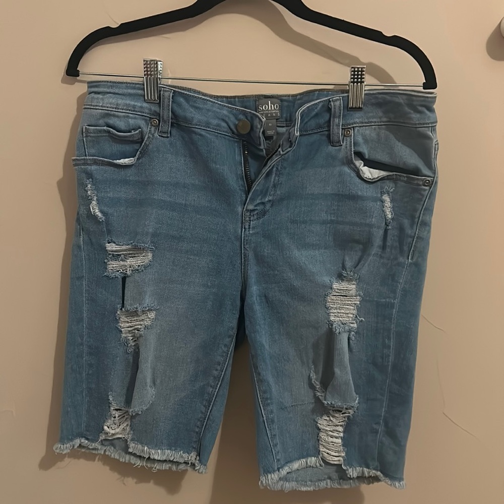 Pre Loved Denim Distressed Midi Shorts